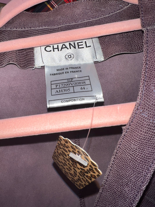 Vintage Chanel Purple 100% Goat Skin Textured Zip Front Vest Front Tie