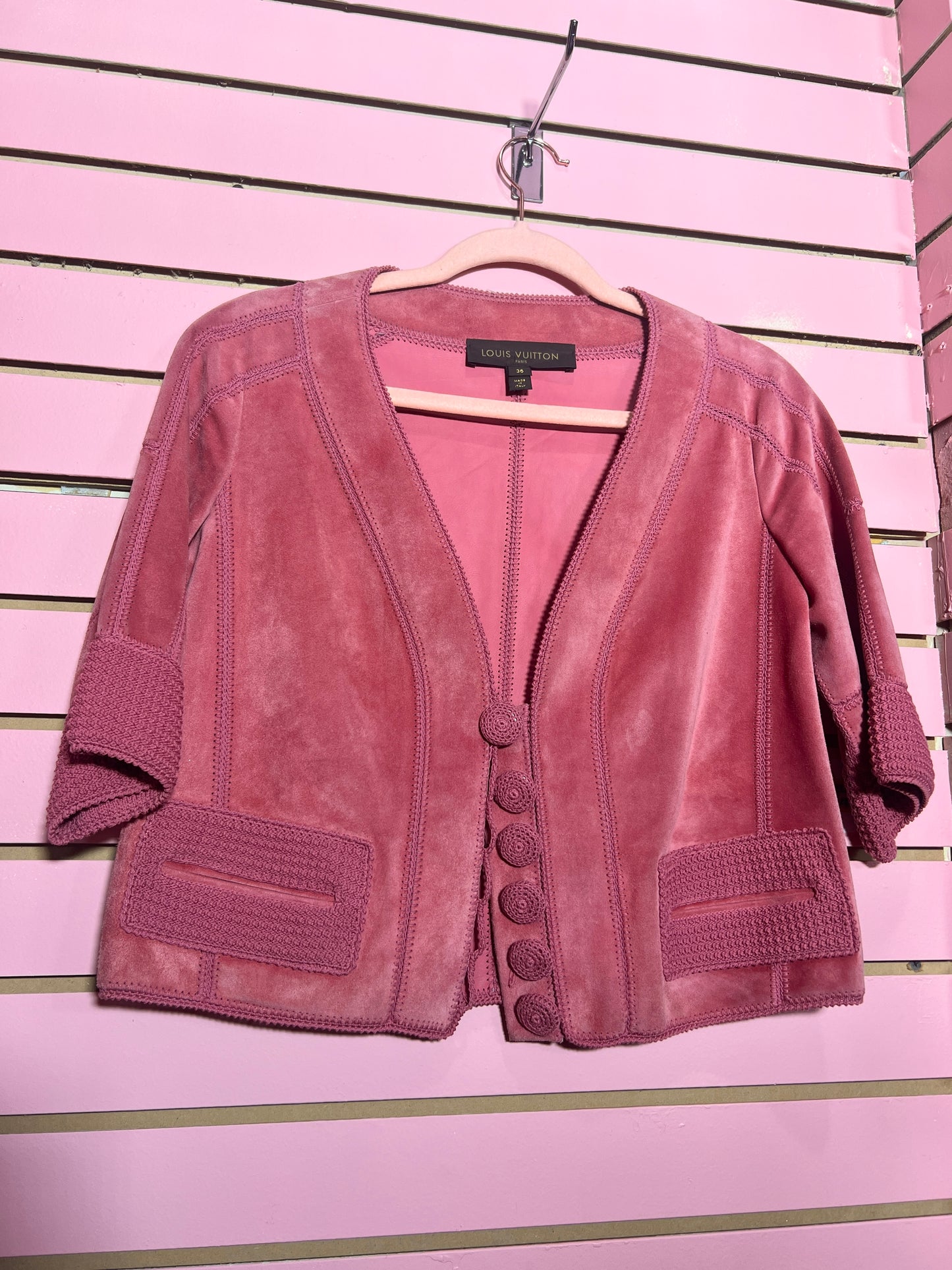 Vintage Louis Vuitton Pink Skirt Suede With Crochet Trim Matching Jacket (SOLD) only skirt available
