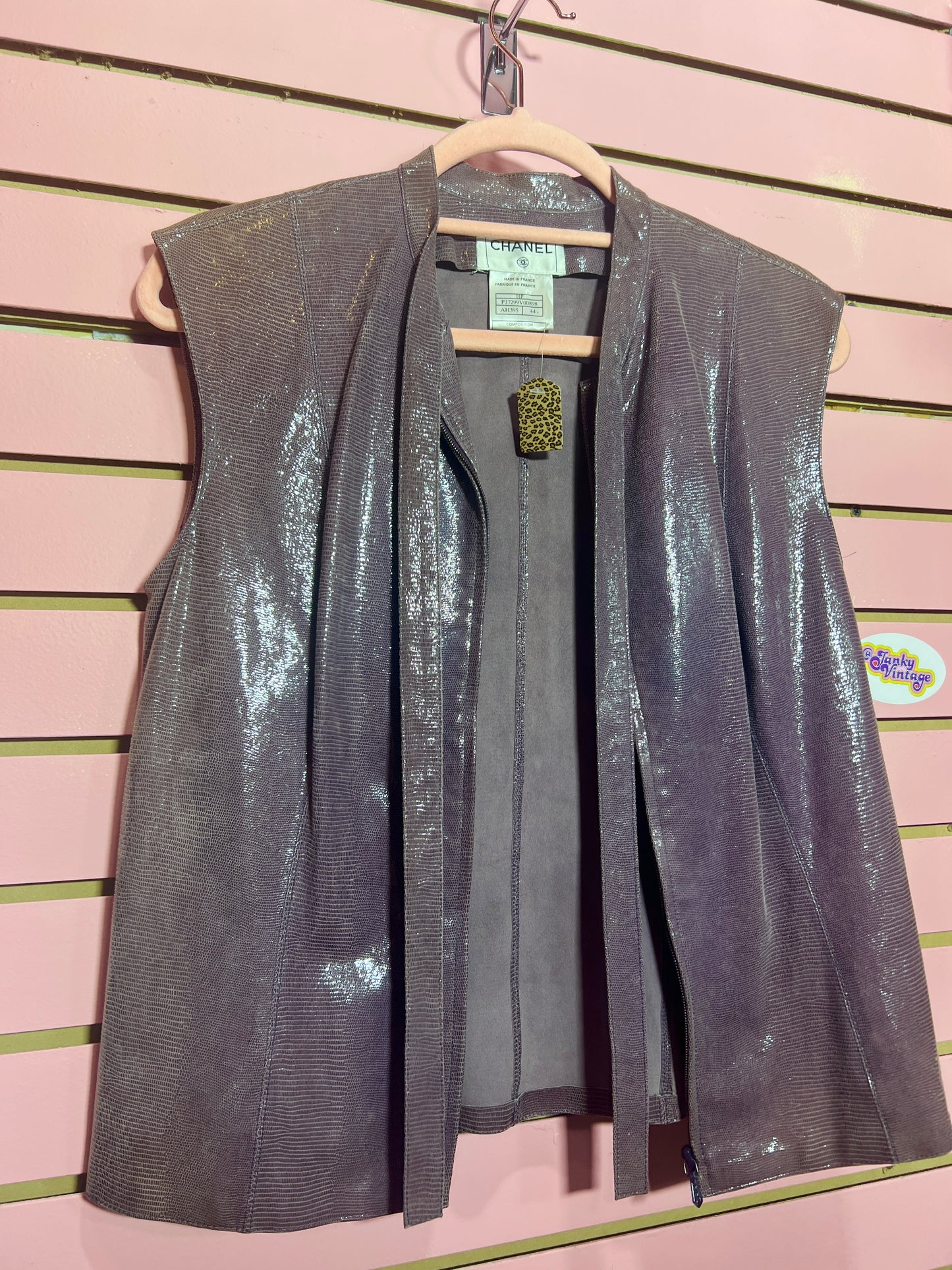 Vintage Chanel Purple 100% Goat Skin Textured Zip Front Vest Front Tie