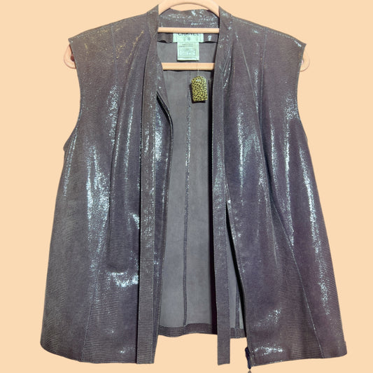 Vintage Chanel Purple 100% Goat Skin Textured Zip Front Vest Front Tie