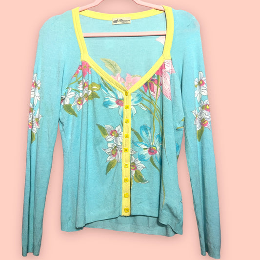 BLUMARINE Blue Floral Knit Cardigan